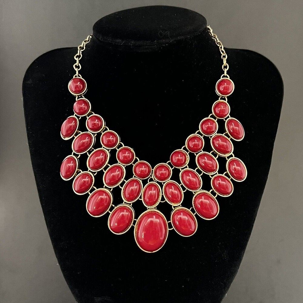 Vintage Red Bead Gold Tone Chunky Collar Bib Statement Necklace Wedding Party